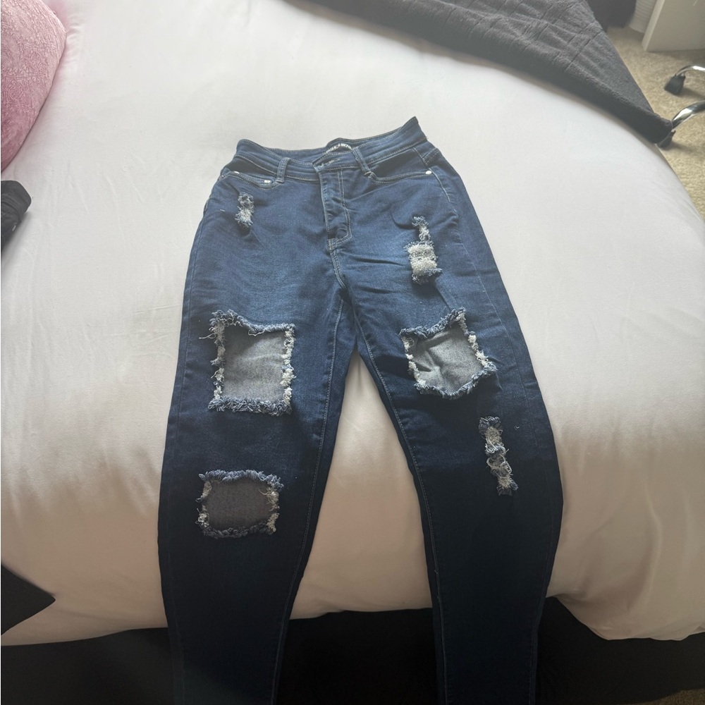 Fashion Nova Dark Blue Distressed Skinny Jeans